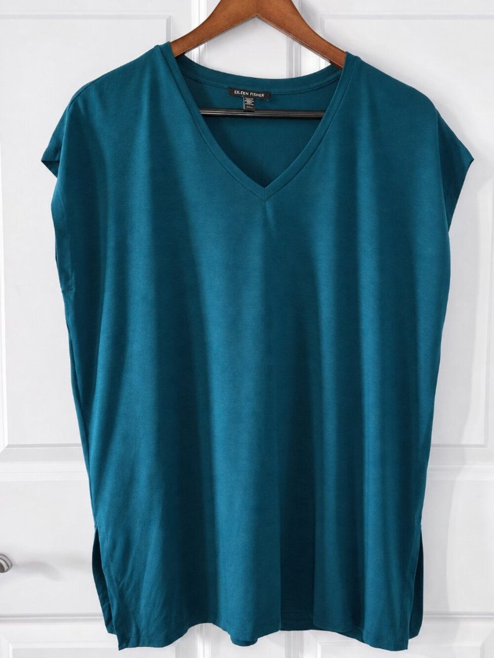 Eileen Fisher Tencel Lyocell V Neck Tunic Top Blue Cap Sleeve Stretch XS